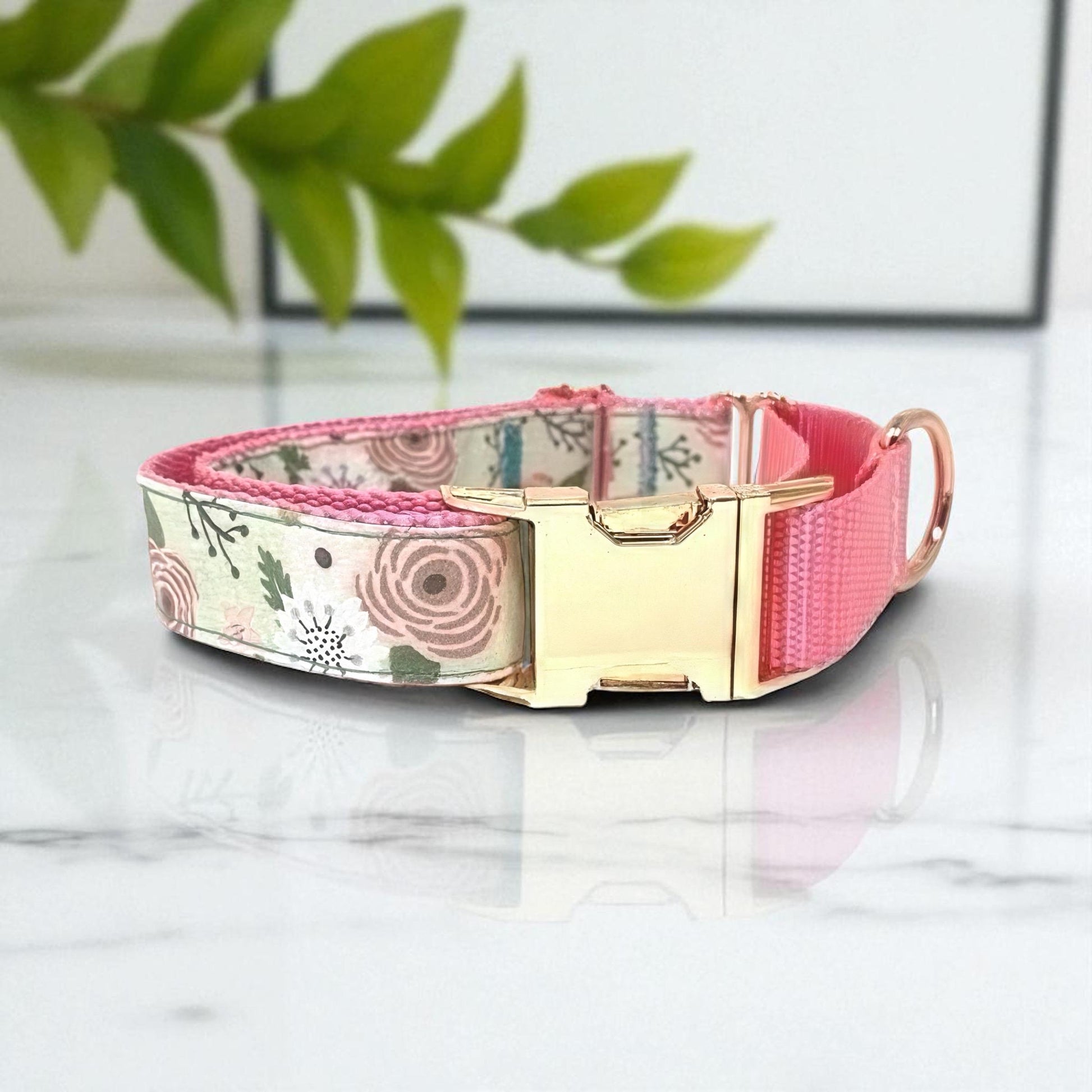 Pretty Pink + Rose Gold Buckle Martingale Dog Collar Girl, Designer Floral Dog Collar, Greyhound, Whippet, Peony, Fabric, Puppy Collar