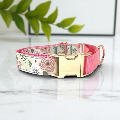 Pretty Pink + Rose Gold Buckle Martingale Dog Collar Girl, Designer Floral Dog Collar, Greyhound, Whippet, Peony, Fabric, Puppy Collar