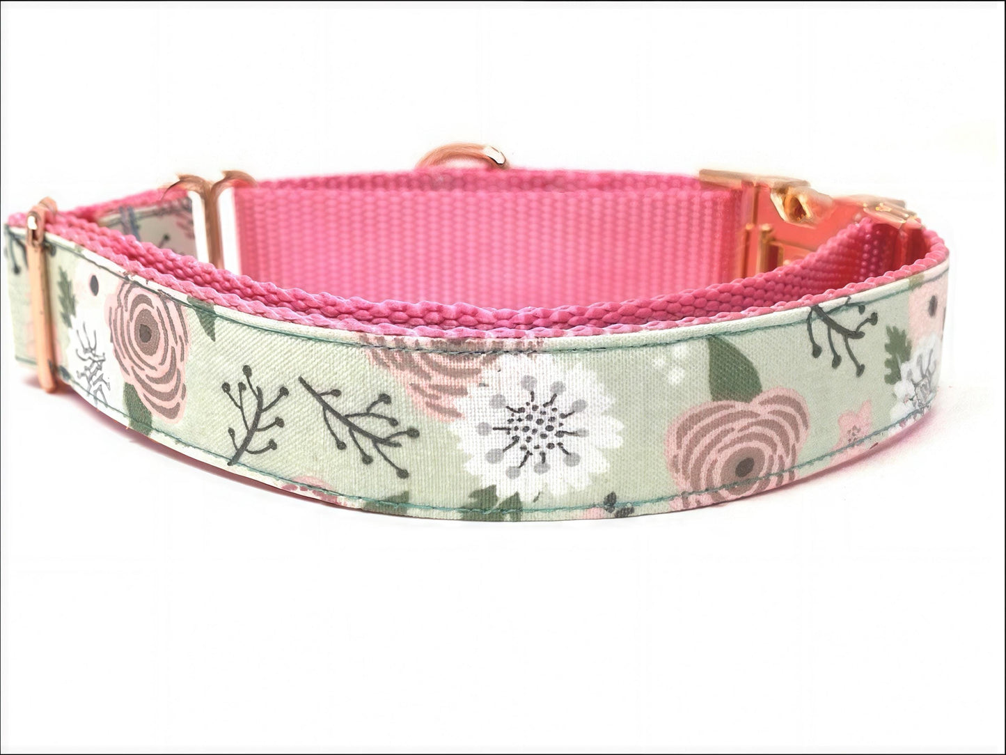 Pretty Pink + Rose Gold Buckle Martingale Dog Collar Girl, Designer Floral Dog Collar, Greyhound, Whippet, Peony, Fabric, Puppy Collar