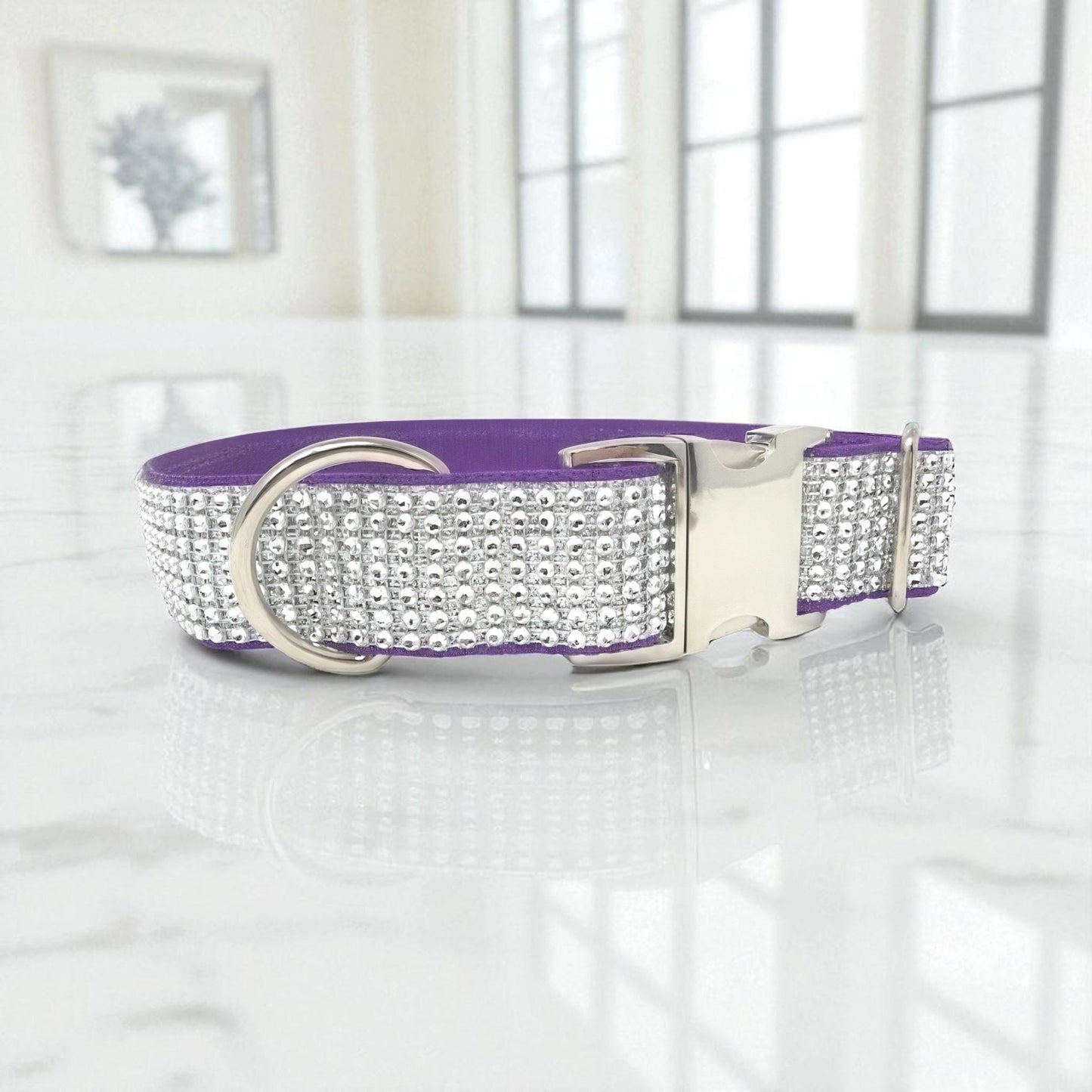 Purple + White Rhinestone + Glitter Dog Collar, Blingy Sparkling Fancy Dog Collar, Personalized Dog Collar, Customized, Engraved Collar