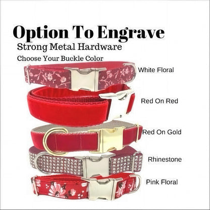 Red Fall Girl Dog Collar, Christmas Dog Collar, Puppy Collar, Small, Large, Personalized, Engraved, Custom, Floral, Velvet Female Pet Collar