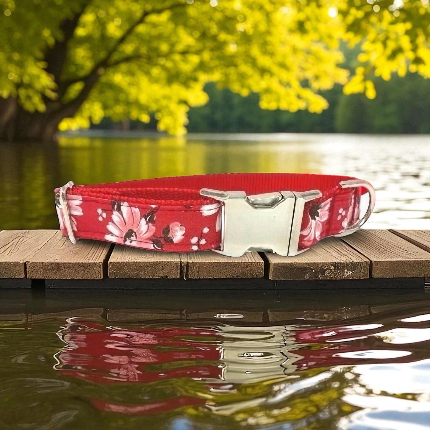 Red Floral Custom, Dog Collar, Girl, Personalized, Engraved, Cute, Designer, Puppy, Cat, Pet, Small, Medium, Large, Fashion, Fabric, Female