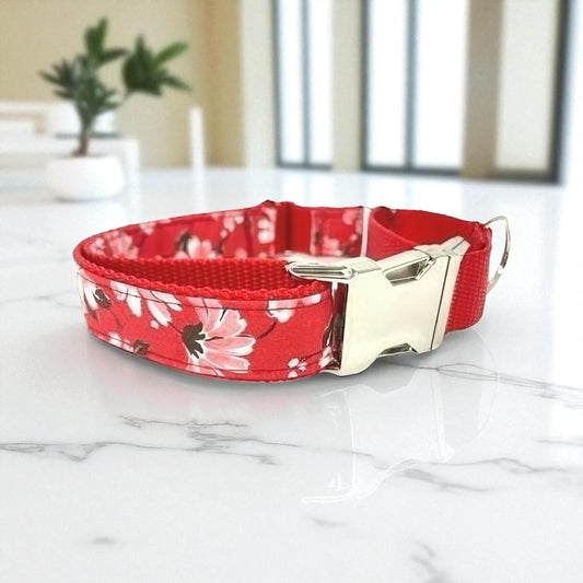Red Floral Fabric Buckle Martingale Dog Collar, Girl, Whippet, Greyhound, Puppy Collar, Personalized, Engraved, Custom, Cute Female Pet Coll