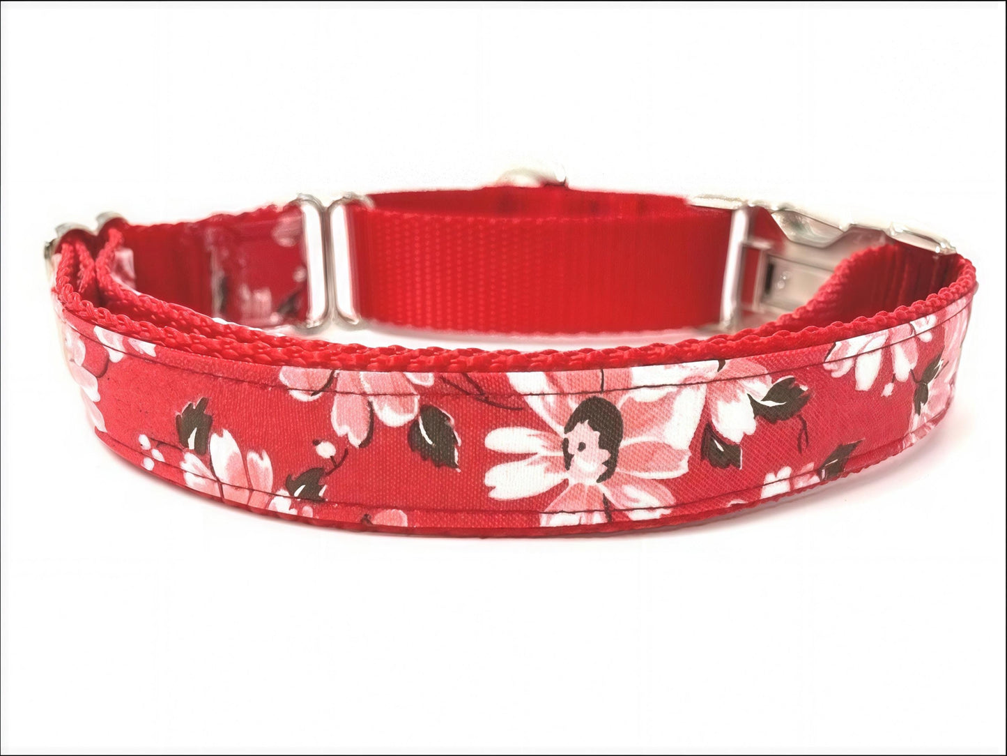 Red Floral Fabric Buckle Martingale Dog Collar, Girl, Whippet, Greyhound, Puppy Collar, Personalized, Engraved, Custom, Cute Female Pet Coll
