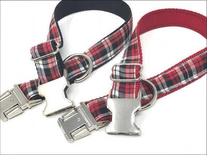 Red, Black, White Plaid Dog Collar For Boys Or Girls, Trendy Plaid Dog Collars, Personalized Dog Collar, Engraved Dog Collar