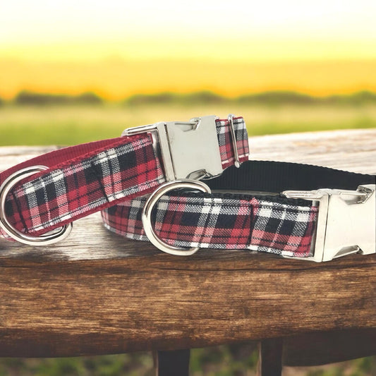 Red, Black, White Plaid Dog Collar For Boys Or Girls, Trendy Plaid Dog Collars, Personalized Dog Collar, Engraved Dog Collar