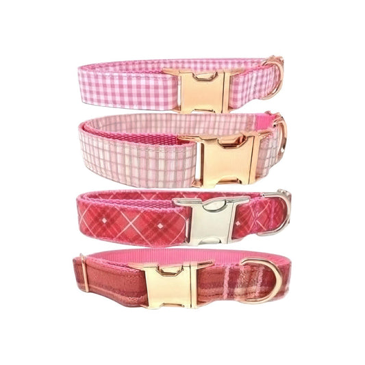 Pink Plaid Girl Dog Collar, Gingham, Diamond, Gold, Flannel, Personalize, Engraved, Custom, Puppy, Cute, Pet Collar Girl, Female, Large