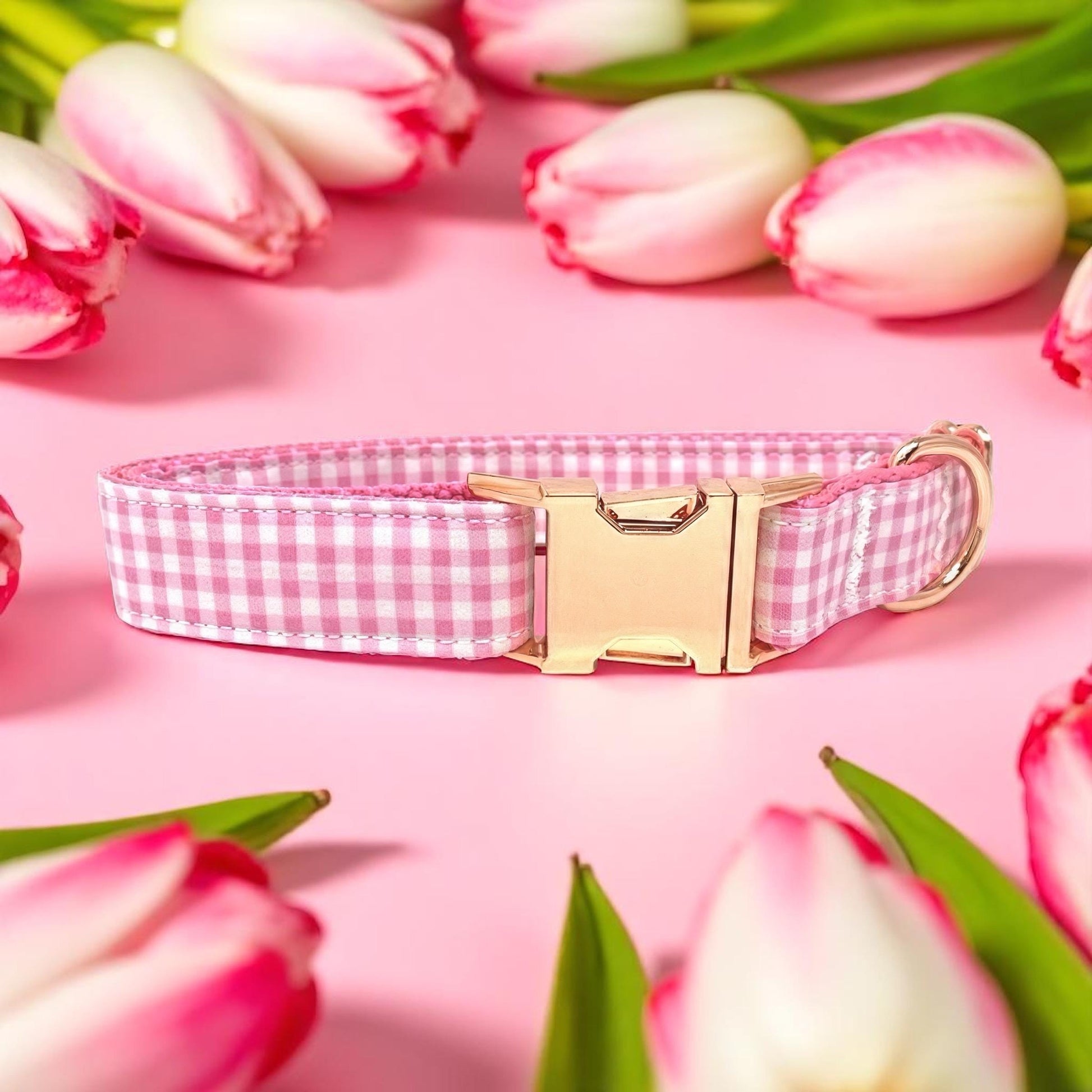 Pink, Rose Gold, Gingham, Plaid, Custom, Dog Collar, Girl, Personalized, Engraved, Cute, Designer, Puppy, Small, Medium, Large, Designer