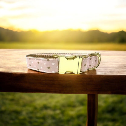 Valentines Day Pink, White, Gold, Heart Dog Collar, Girl, Sparkle, Cute, Personalized, Engraved, Custom, Love, Pet Collar, Girly, Fabric