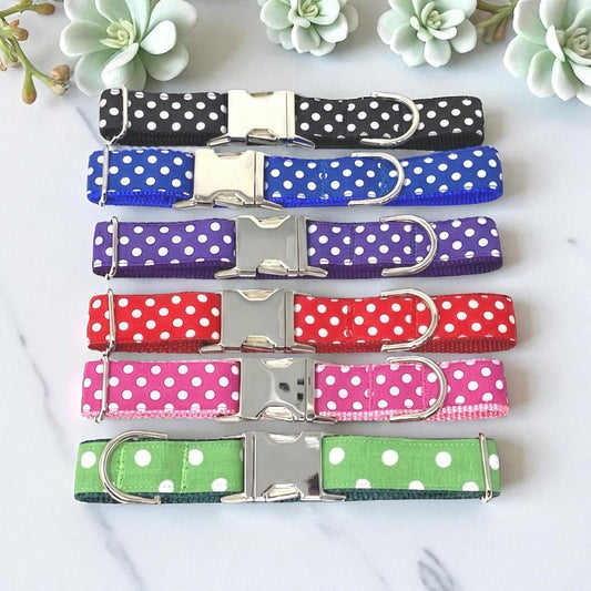 Polka Dot, Dog Collar, Pet Collar, Red, Pink, Black, Blue, Purple, Green, Personalized, Engraved, Custom, Puppy, 5/8, 3/4", 1", 1.5" Wide