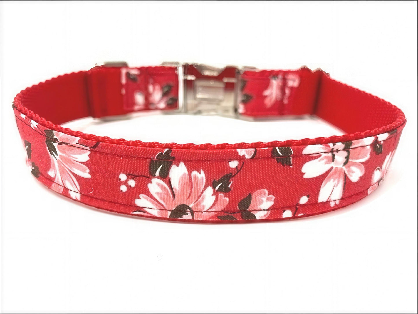 Red Floral Custom, Dog Collar, Girl, Personalized, Engraved, Cute, Designer, Puppy, Cat, Pet, Small, Medium, Large, Fashion, Fabric, Female