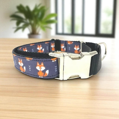 Wide, Martingale, Dog Collar, With Metal Buckle, For Girls, Boys, Woodland, Fox, Black, Orange, Animal Print, Personalized, Engraved, Custom