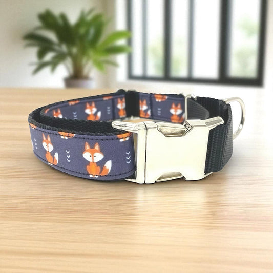 Wide, Martingale, Dog Collar, With Metal Buckle, For Girls, Boys, Woodland, Fox, Black, Orange, Animal Print, Personalized, Engraved, Custom