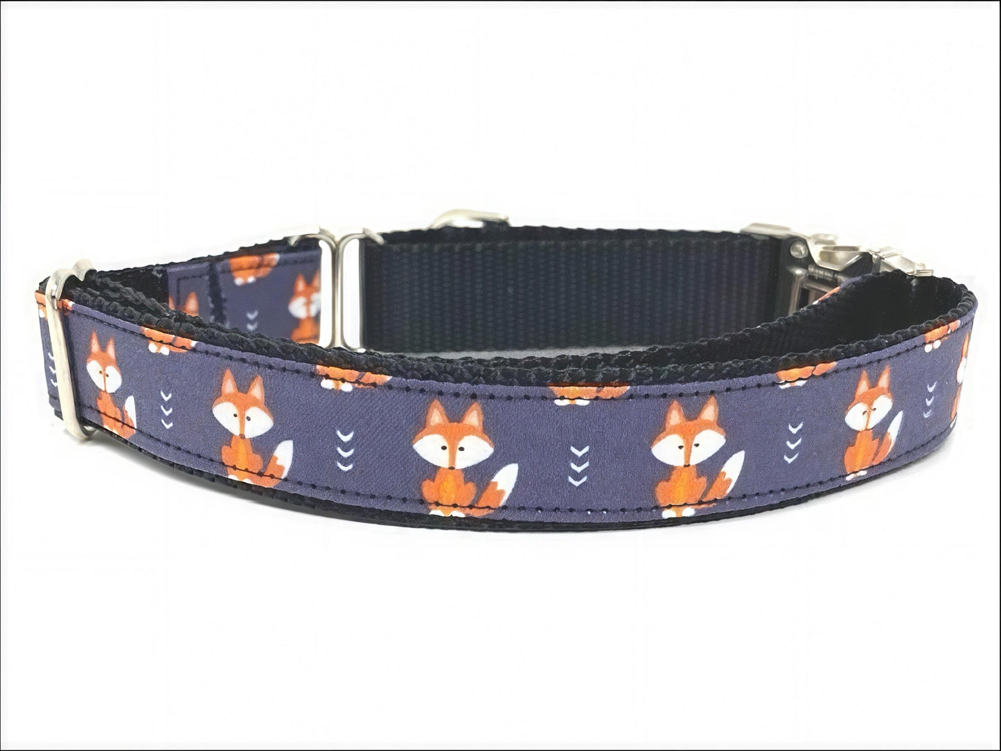 Wide, Martingale, Dog Collar, With Metal Buckle, For Girls, Boys, Woodland, Fox, Black, Orange, Animal Print, Personalized, Engraved, Custom