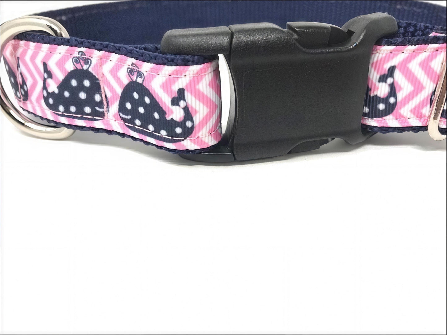 Cute Pink And Navy Blue Whale Nautical Dog Collar For Girls With Pink Chevron Stripes And Polka Dots, Pretty Female Dog Collar