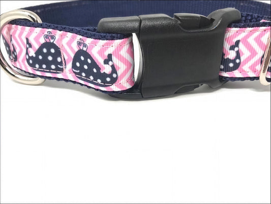 Cute Pink And Navy Blue Whale Nautical Dog Collar For Girls With Pink Chevron Stripes And Polka Dots, Pretty Female Dog Collar