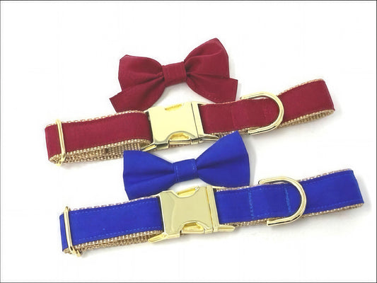 Dog Collar, Girls, Boys, Maroon, Burgundy, Blue, Gold, With Bowtie, Personalized, Engraved, Custom, Fall, Winter, Fancy, Fashion, Wedding