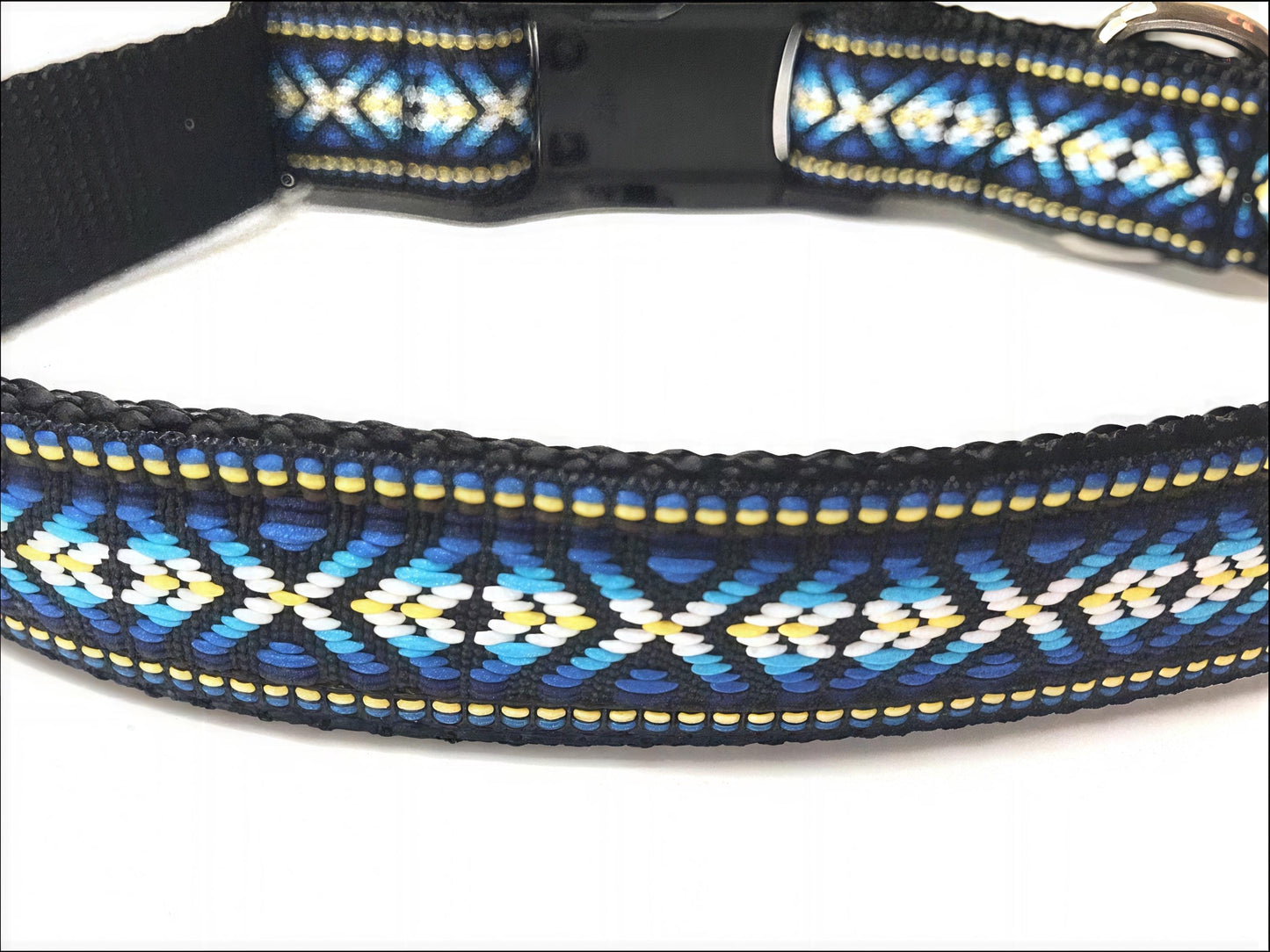 CLEARANCE SALE - Tribal, Aztec, Jacquard, Dog Collar In Blue, Yellow, White And Black, Size Medium, Male Dog Collar, BOHO Dog Collar