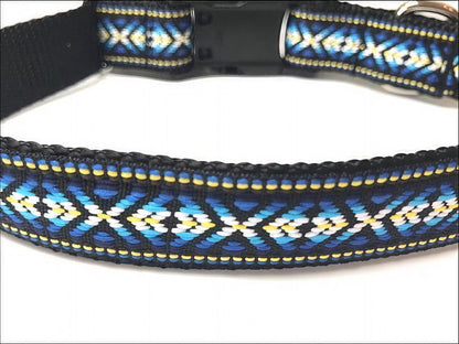 CLEARANCE SALE - Tribal, Aztec, Jacquard, Dog Collar In Blue, Yellow, White And Black, Size Medium, Male Dog Collar, BOHO Dog Collar