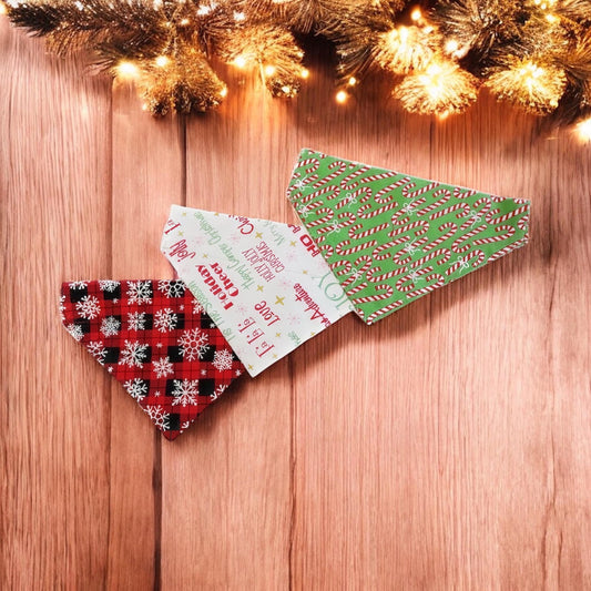 Christmas Dog Bandana Set - Plaid Snowflakes, Candy Cane, Festive Print Holiday Pet Scarves for Dogs, Cats