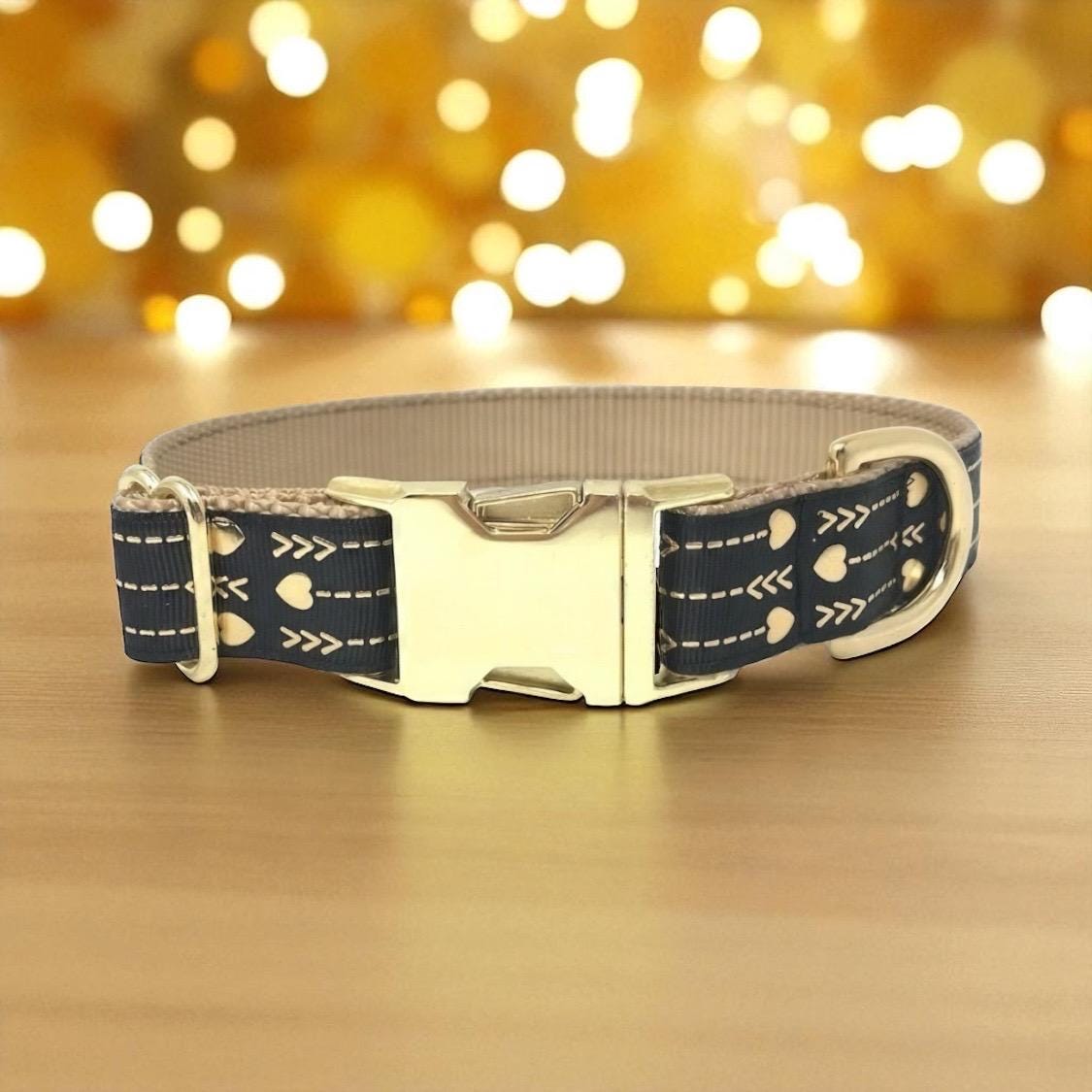 Fancy Gold + Black Hearts + Arrows Dog Collar, Girl Dog Collar, Personalized, Engraved, Custom Dog Collar, Blingy, Sparkly Dog Collar