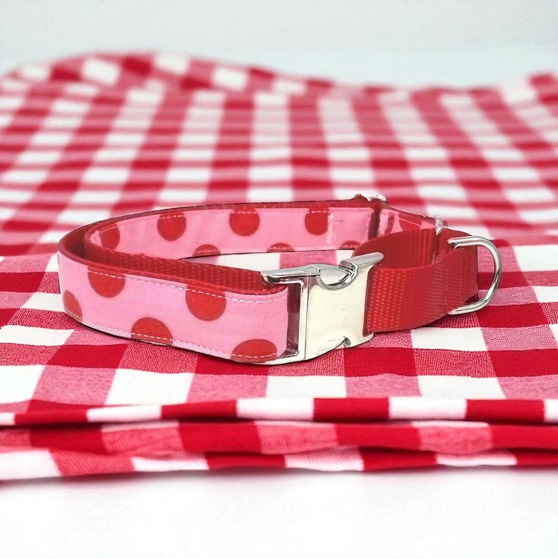 Valentines Day Buckle Martingale Dog Collar, Pink + Red, Polka Dot, Girl, Boy, Greyhound, Whippet, Personalized, Engraved, Custom