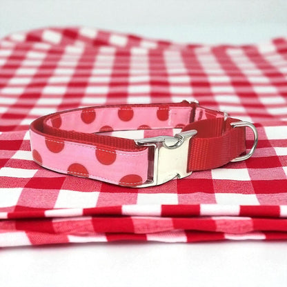 Valentines Day Buckle Martingale Dog Collar, Pink + Red, Polka Dot, Girl, Boy, Greyhound, Whippet, Personalized, Engraved, Custom
