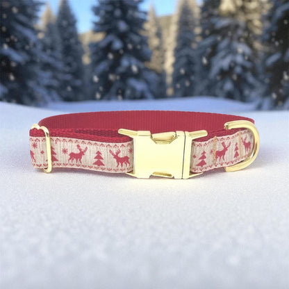 Christmas Dog Collar, Rustic, Reindeer, Christmas Tree, Red, Gold, Girls, Boys, Male, Female, Personalized, Engraved, Beige, Trendy, Fashion