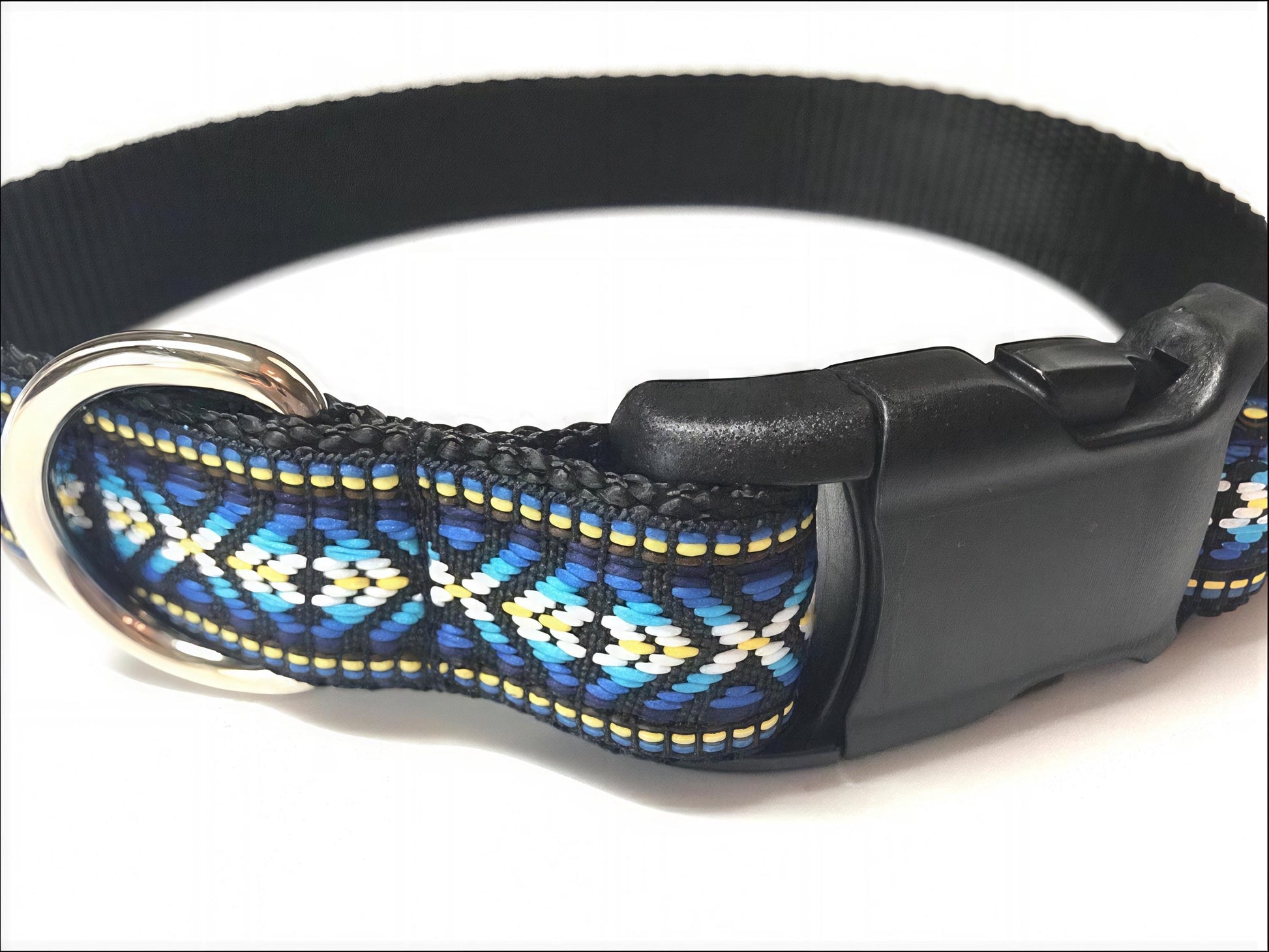 CLEARANCE SALE - Tribal, Aztec, Jacquard, Dog Collar In Blue, Yellow, White And Black, Size Medium, Male Dog Collar, BOHO Dog Collar