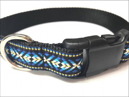 CLEARANCE SALE - Tribal, Aztec, Jacquard, Dog Collar In Blue, Yellow, White And Black, Size Medium, Male Dog Collar, BOHO Dog Collar