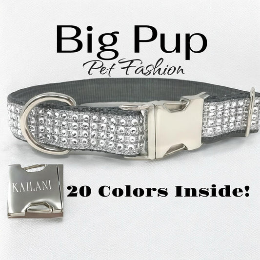 Bling Designer Dog Collar, Sparkle Rhinestones, Girl, Fancy, Personalized, Bedazzled, Grey, Puppy, Pet, Cat, Engraved, Custom, Diamond