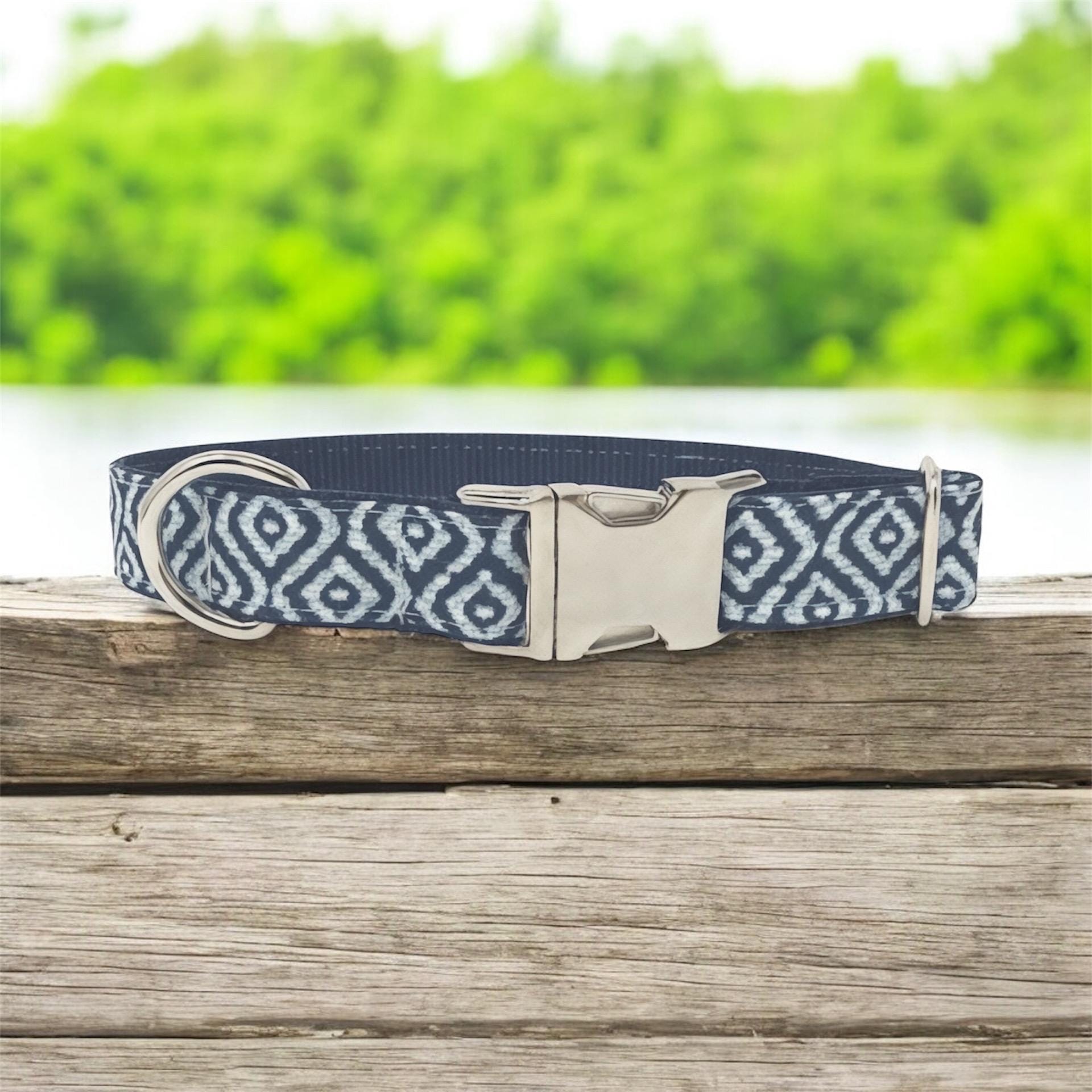 Dog Collar For Boy, Blue And White Geometric Dog Collar For Male Dogs, Personalized Dog Collar, Customized, Engraved Dog Collar