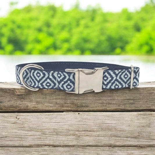 Dog Collar For Boy, Blue And White Geometric Dog Collar For Male Dogs, Personalized Dog Collar, Customized, Engraved Dog Collar